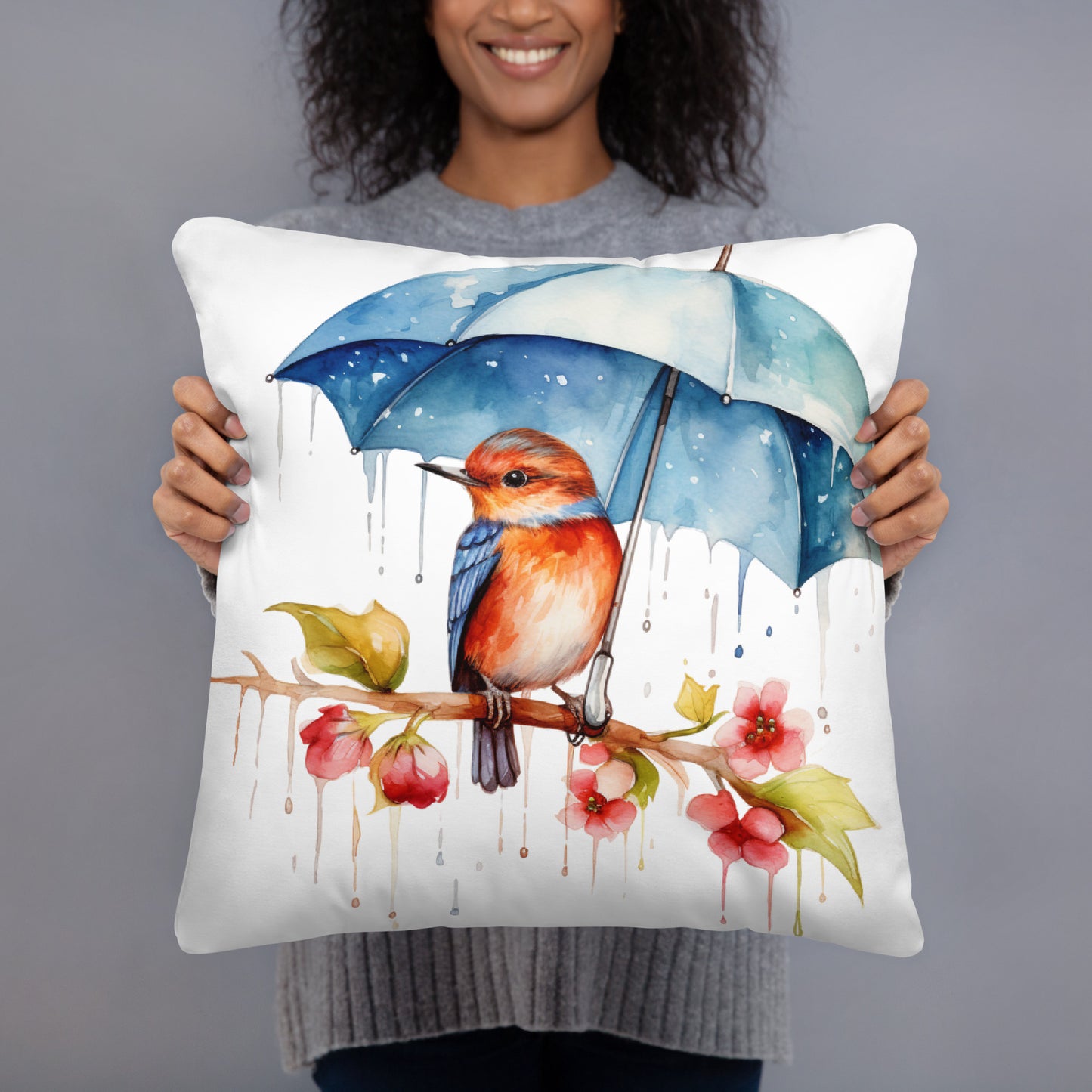 Bird with an Umbrella Throw Pillow