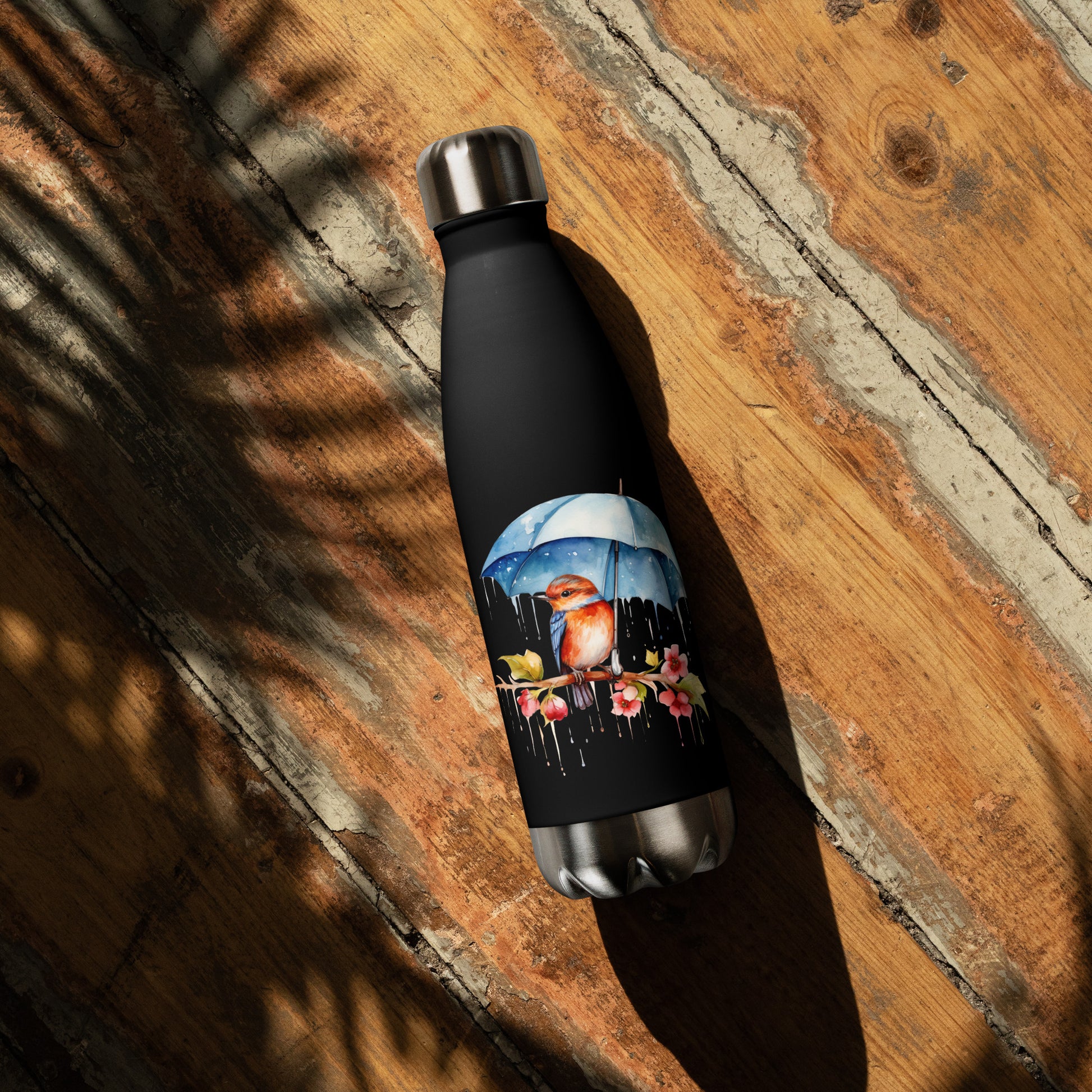 Bird with Umbrella Stainless Steel Water Bottle