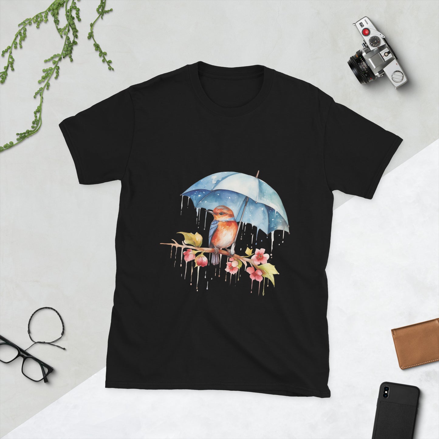 bird in the rain ladies t-shirt