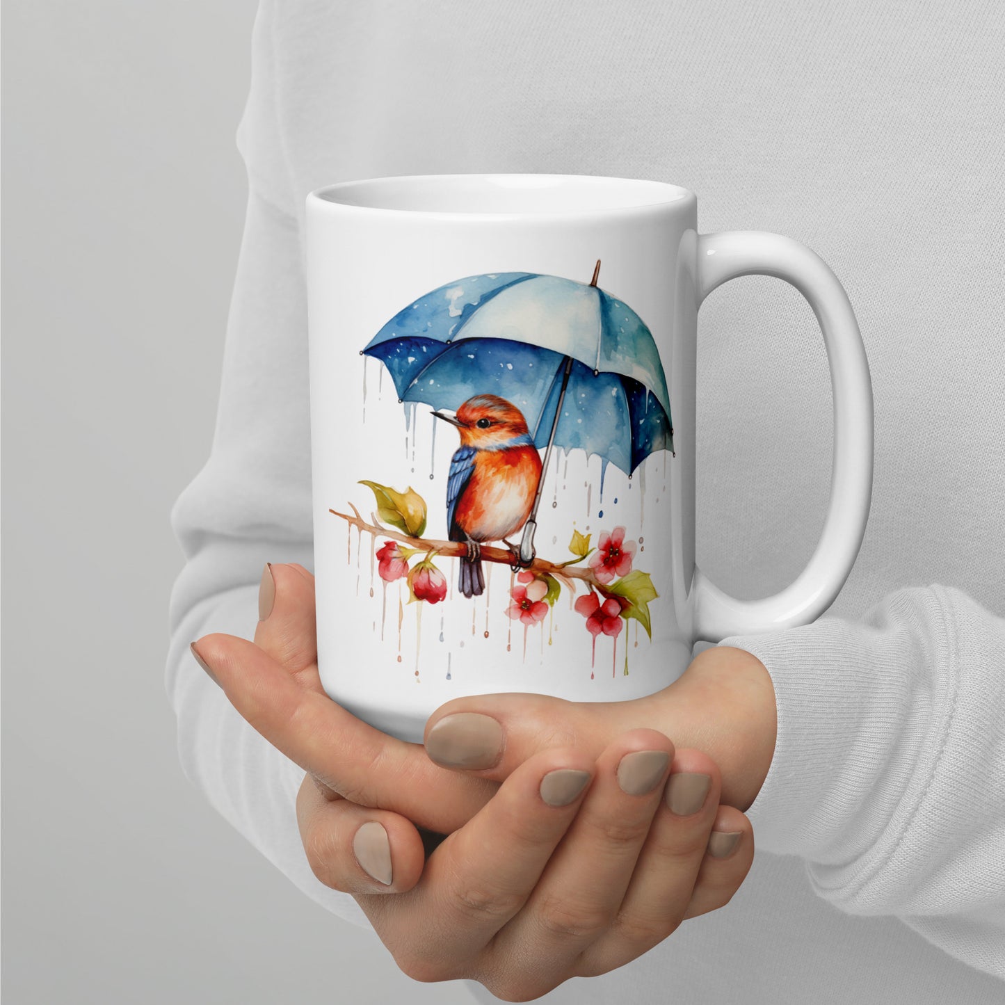 bird in rain coffee cup