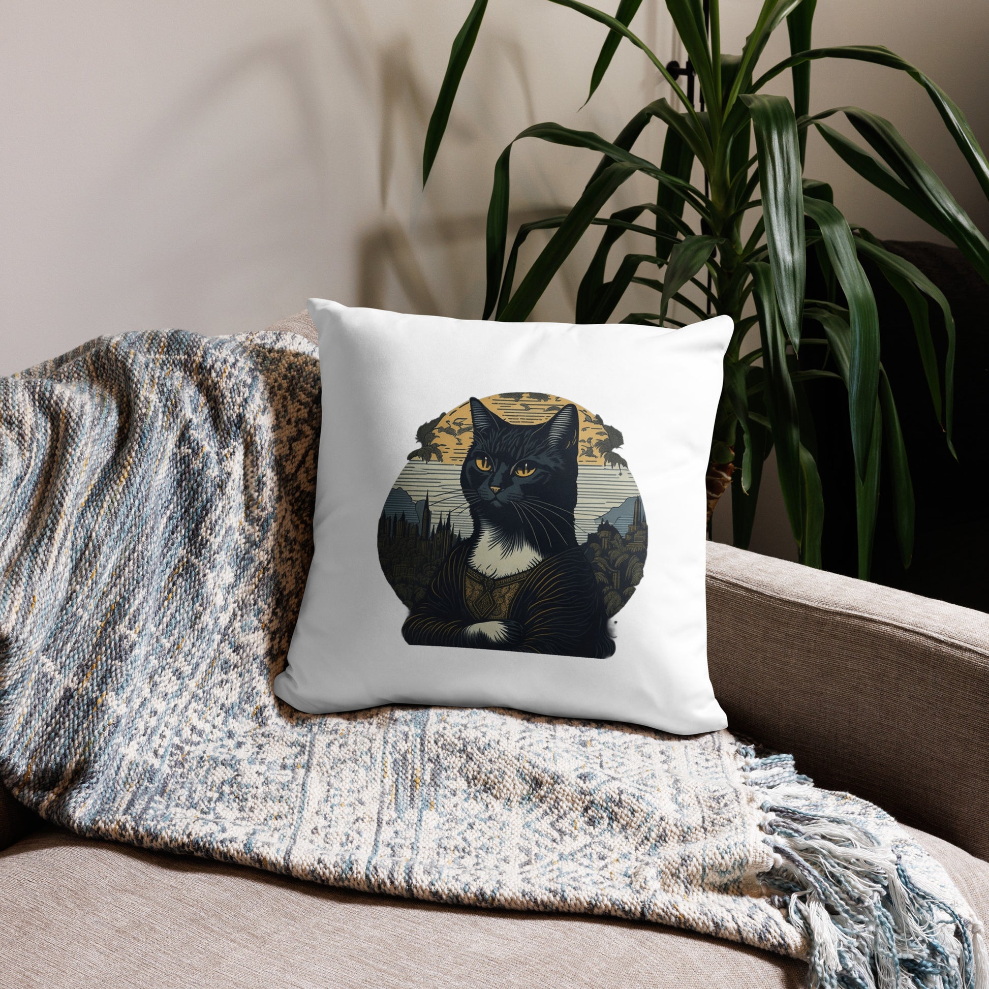Mona Lisa Cat Throw Pillow