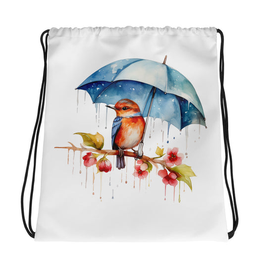 Bird with an Umbrella Drawstring Bag