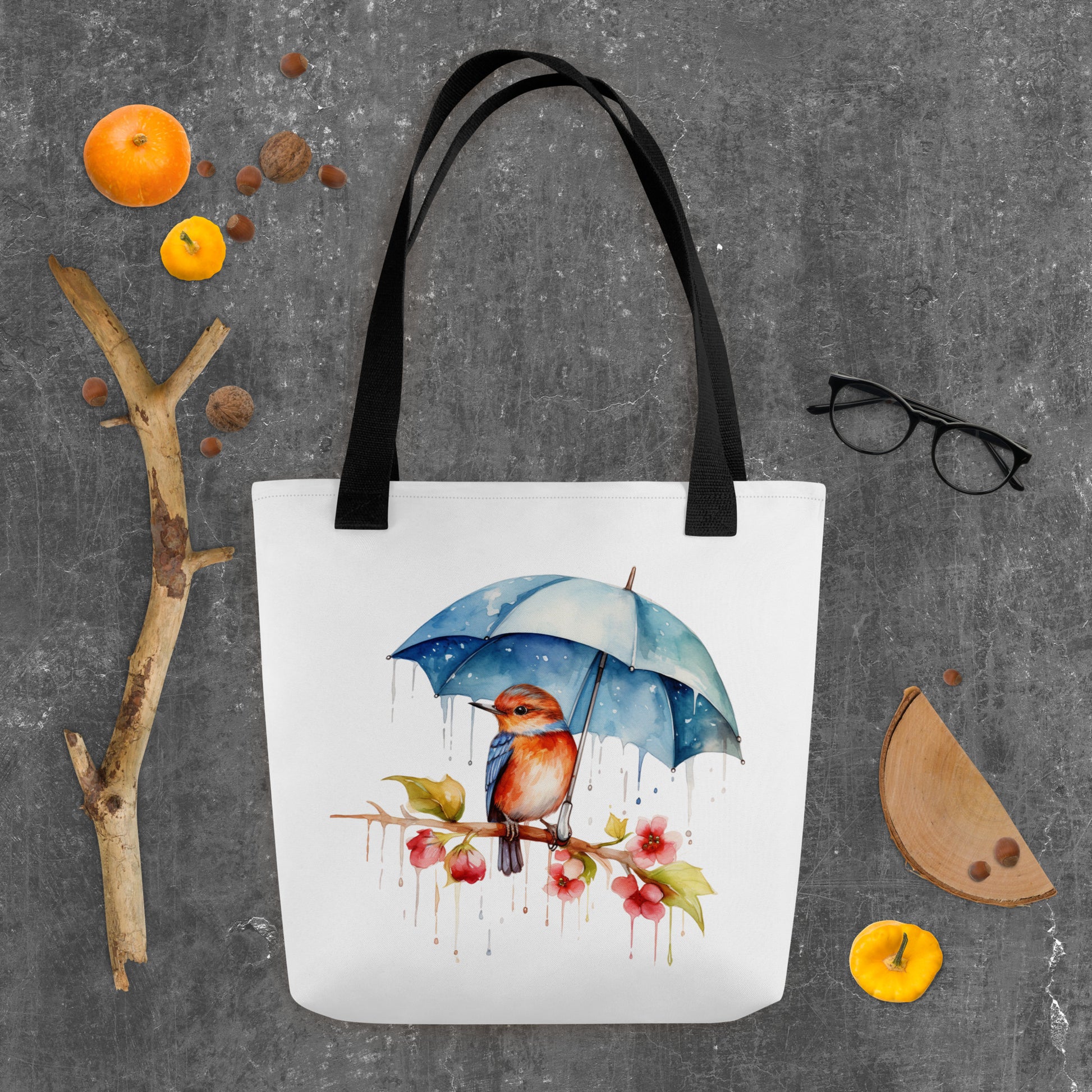 Bird in the Rain with an Umbrella Tote Bag