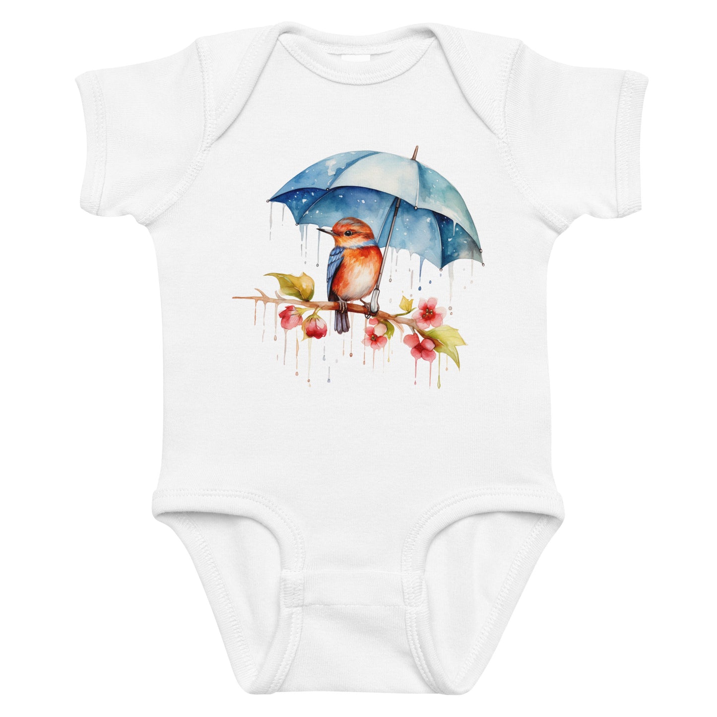 Bird in the Rain Holding an Umbrella Baby Onesie
