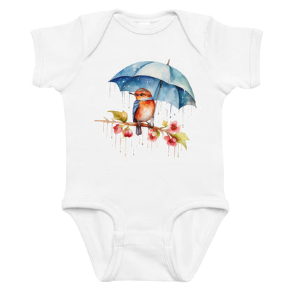 Bird in the Rain Holding an Umbrella Baby Onesie