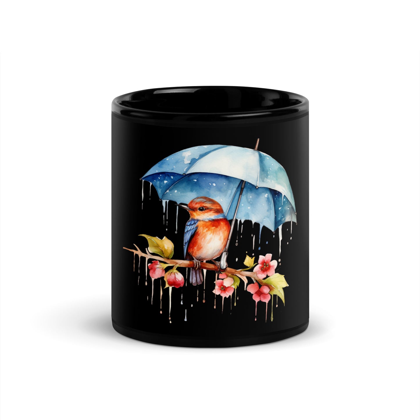 bird with an umbrella black coffee mug
