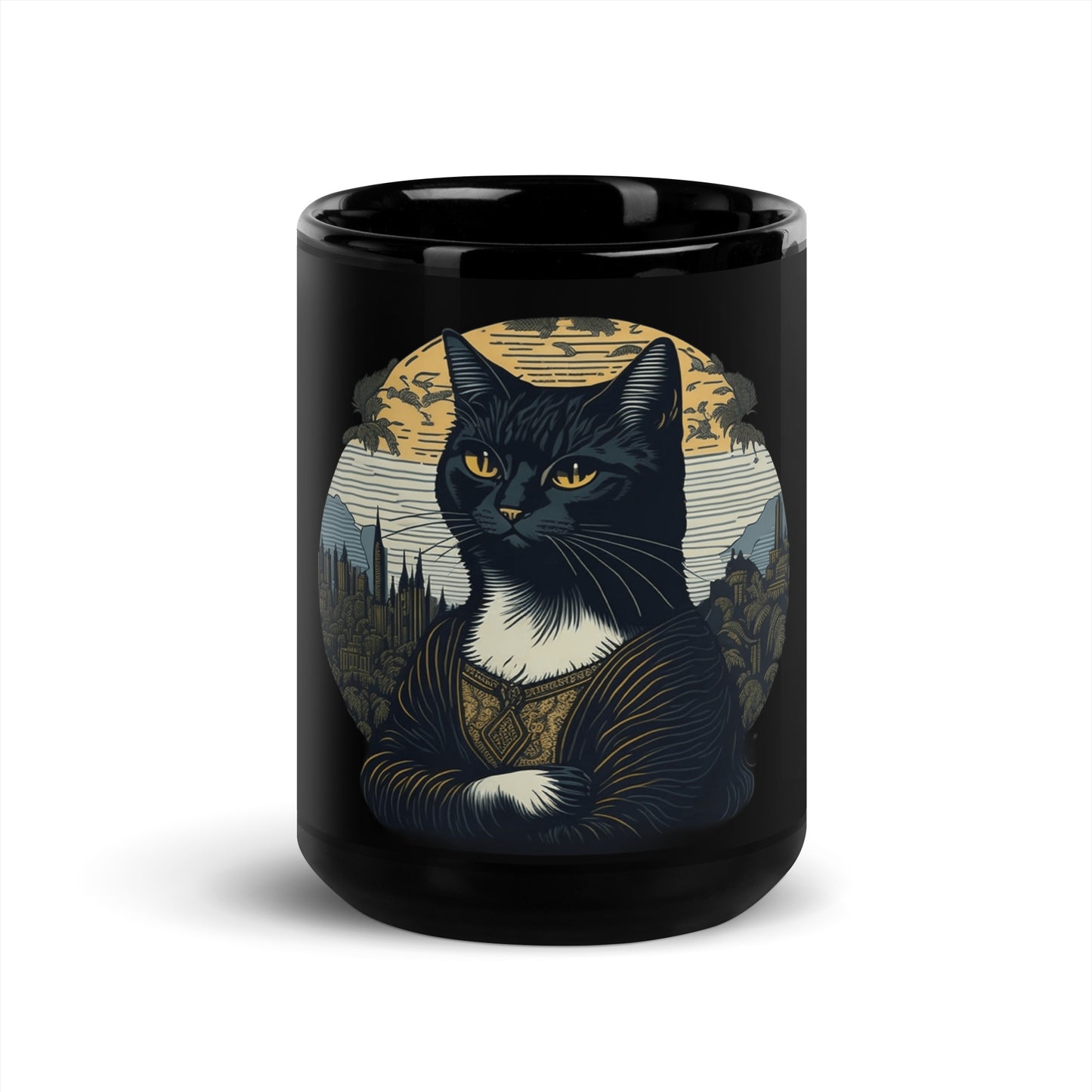 Cat Mona Lisa Black Coffee Mug