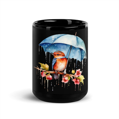 Bird in the Rain Black Coffee Mug