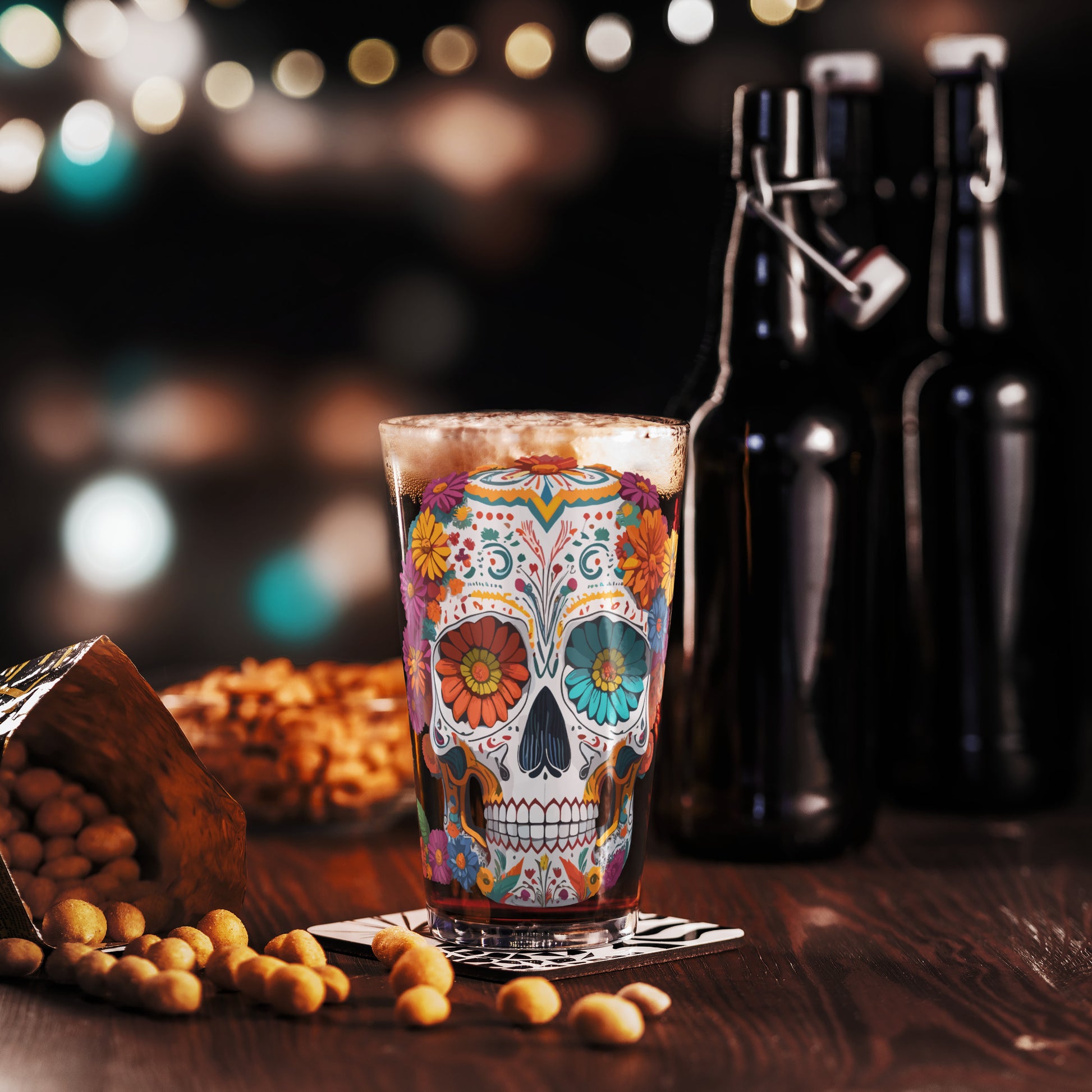 Mexican Skull Floral Pint Glass