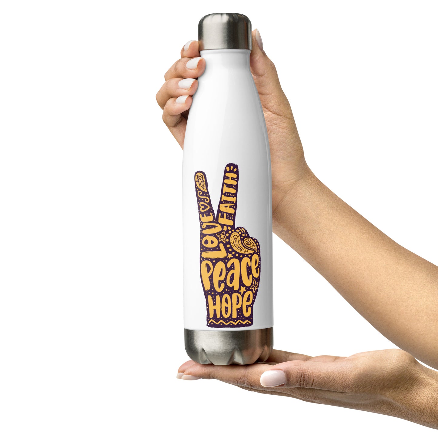 Love, Faith, Hope, Peace water bottle