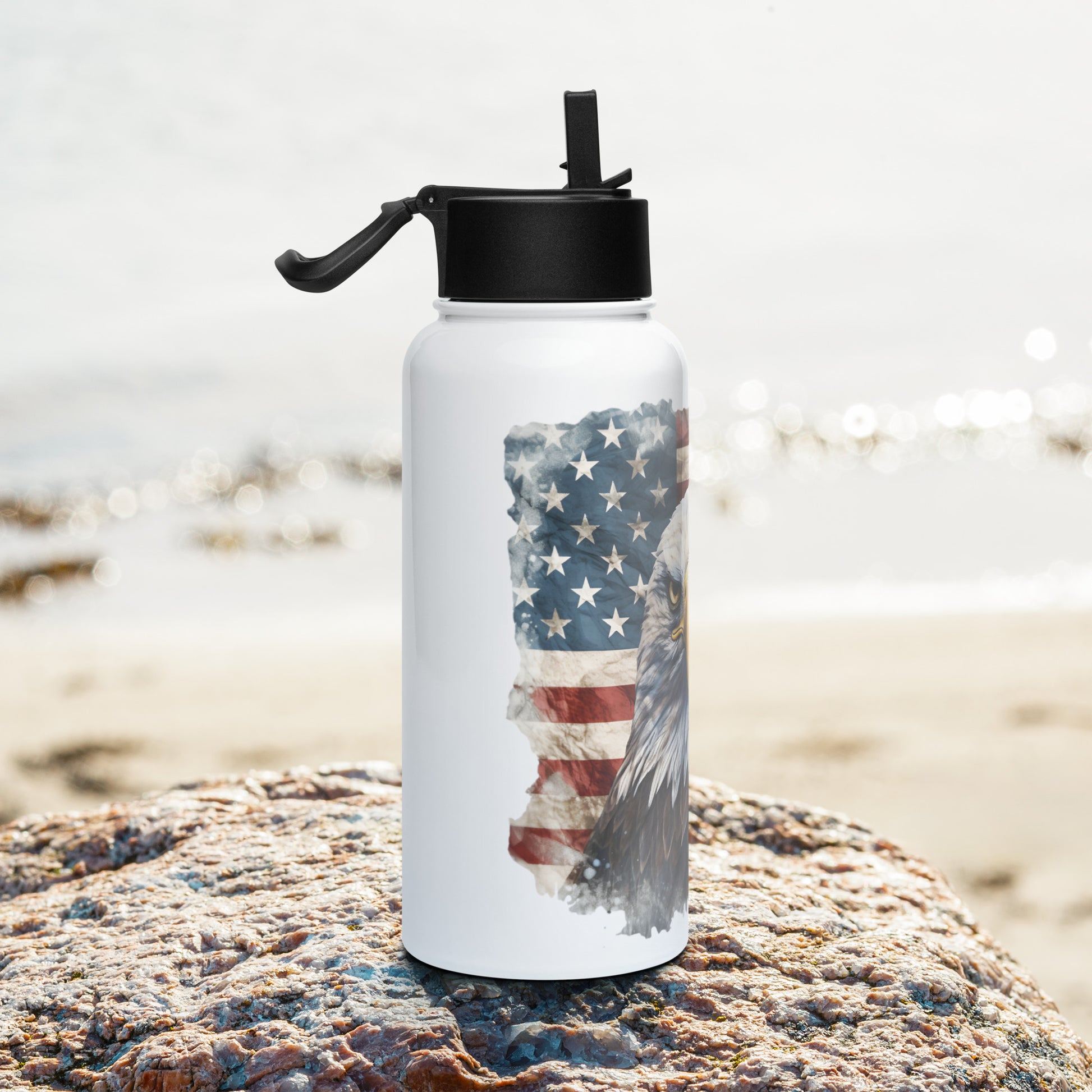 USA Flag Stainless Steel Water Bottle with Straw