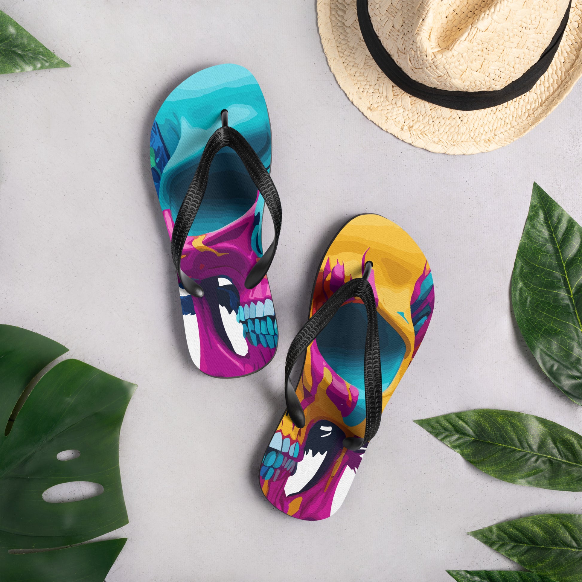 colorful skull flip flops