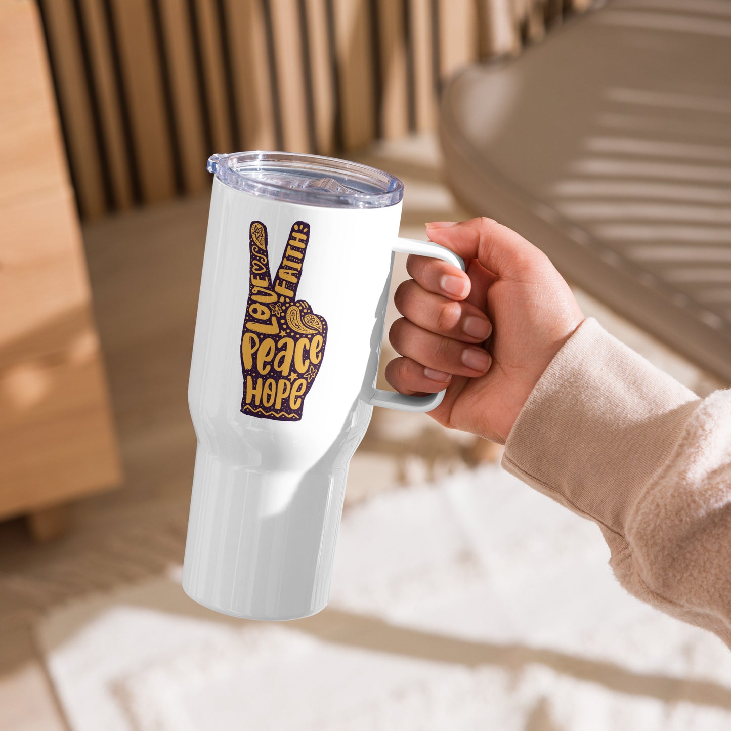 Love, Faith, Hope, Peace Travel Mug