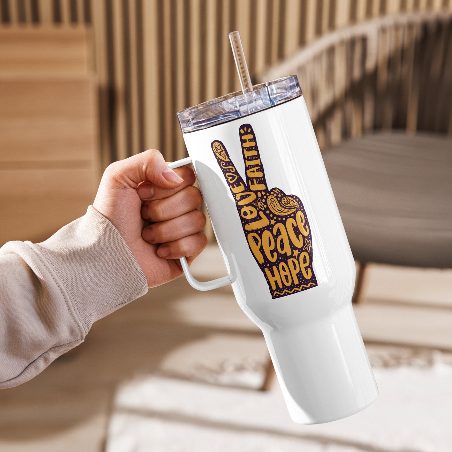 hand peace sign travel mug