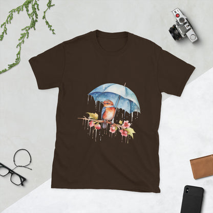 bird with umbrella women's t-shirt