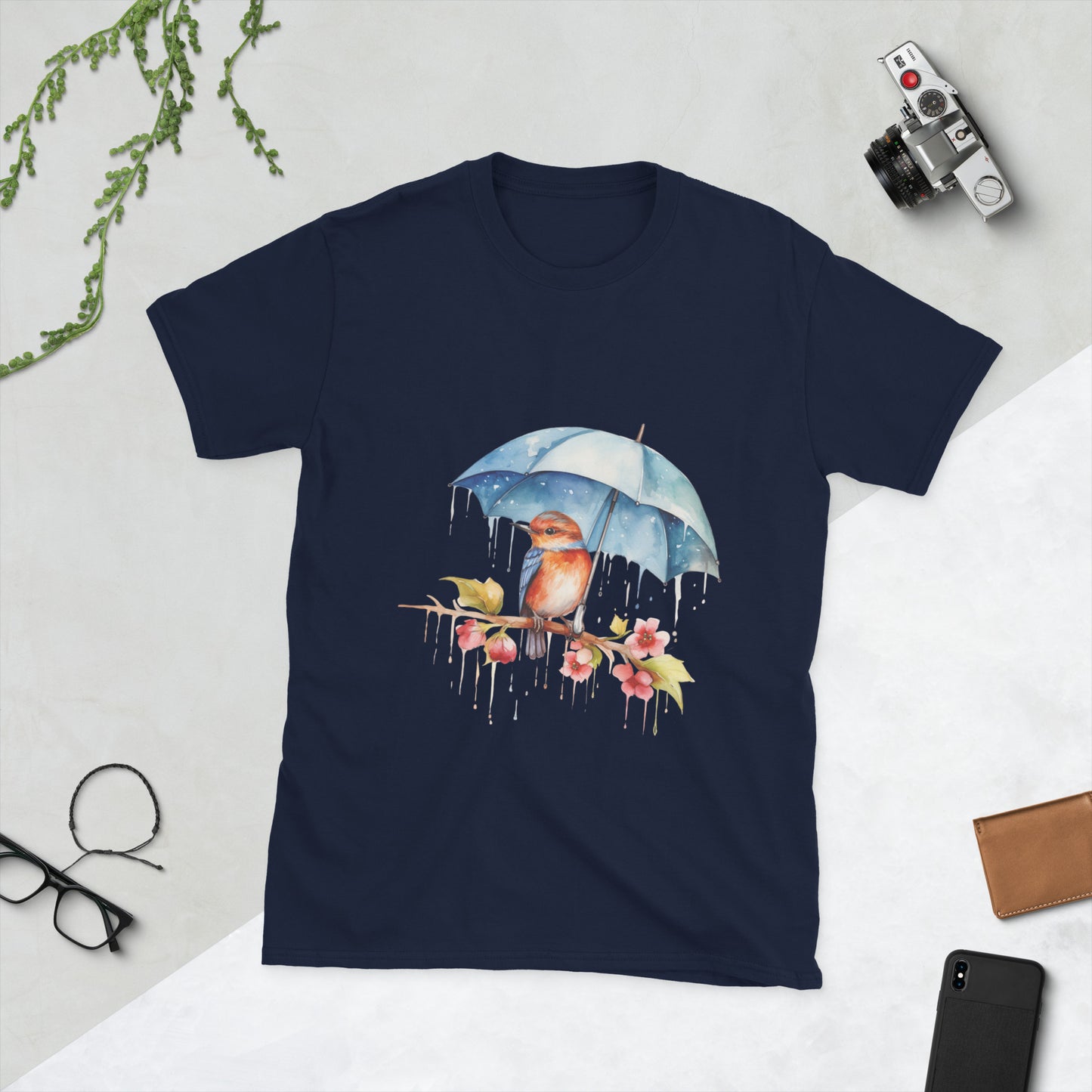 bird with an umbrella ladies t-shirt