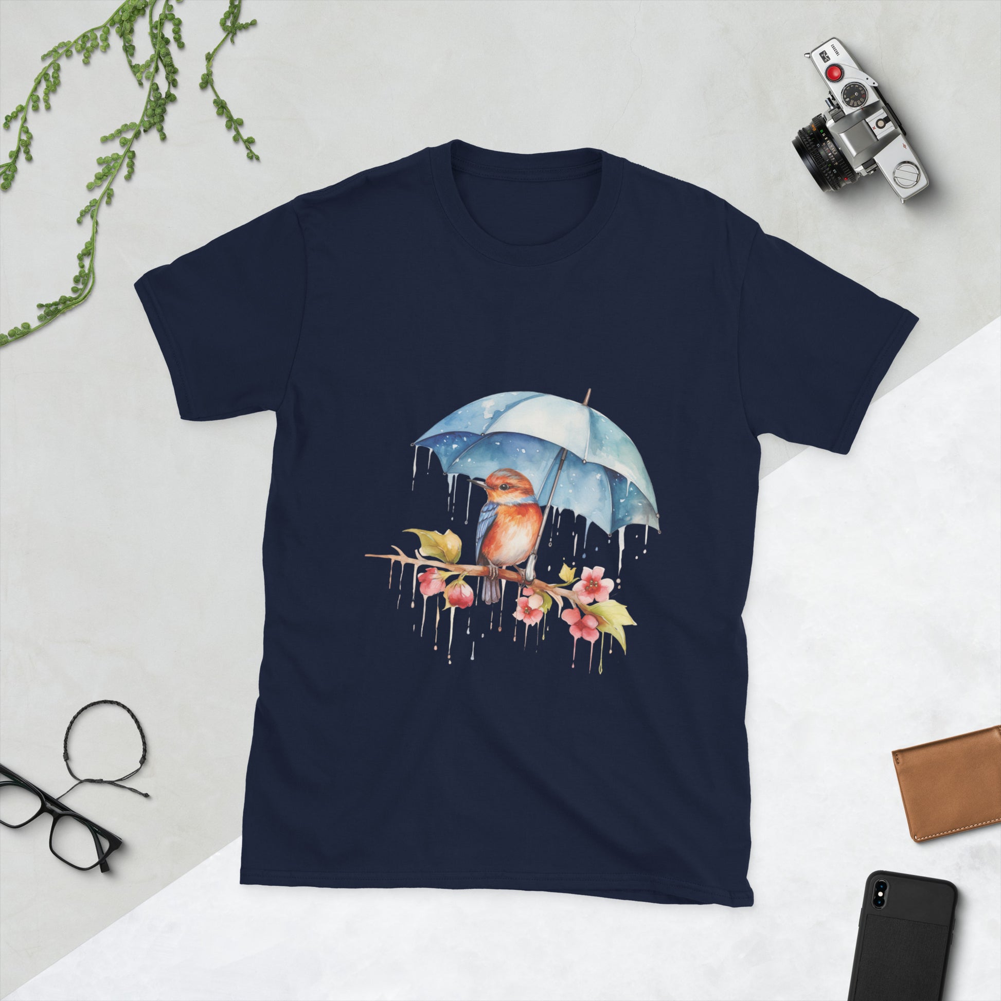 bird with an umbrella ladies t-shirt