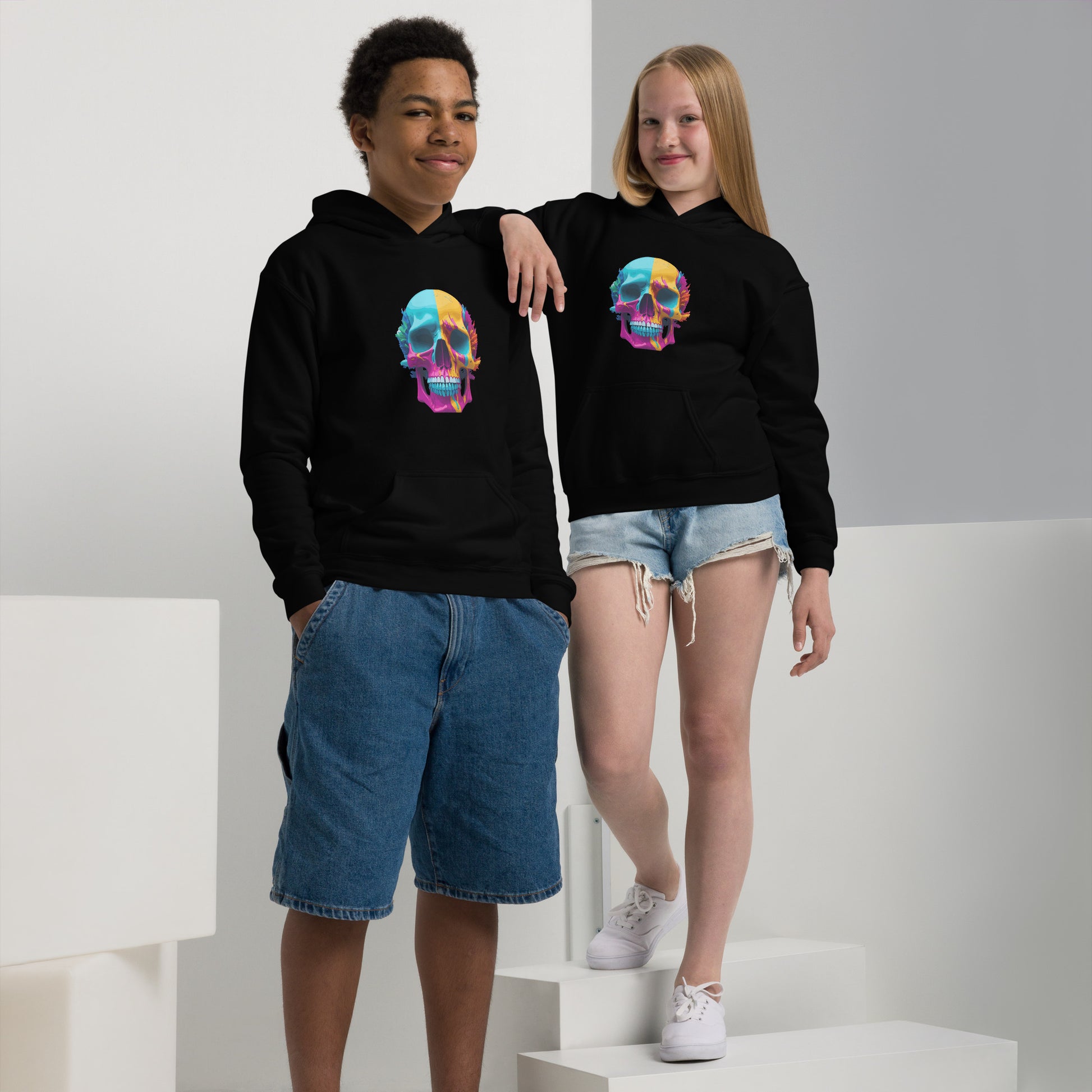 color skull teen hoodie